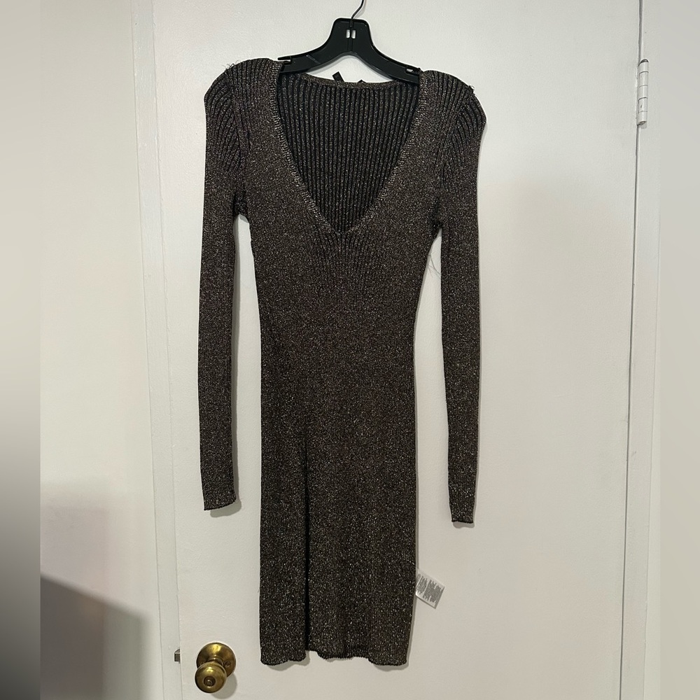 BCBGMaxazria Black and Gold Knit Long Sleeve Body-con Dress